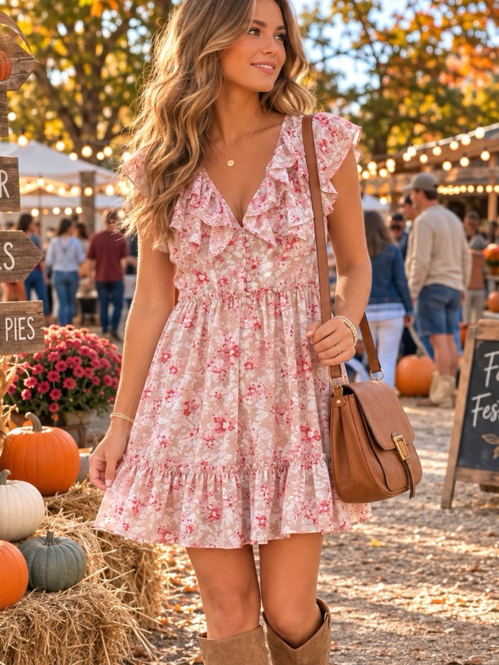 Storia Floral Cottagecore Romantic Mini Dress Beige White Pink Prairie Size M
